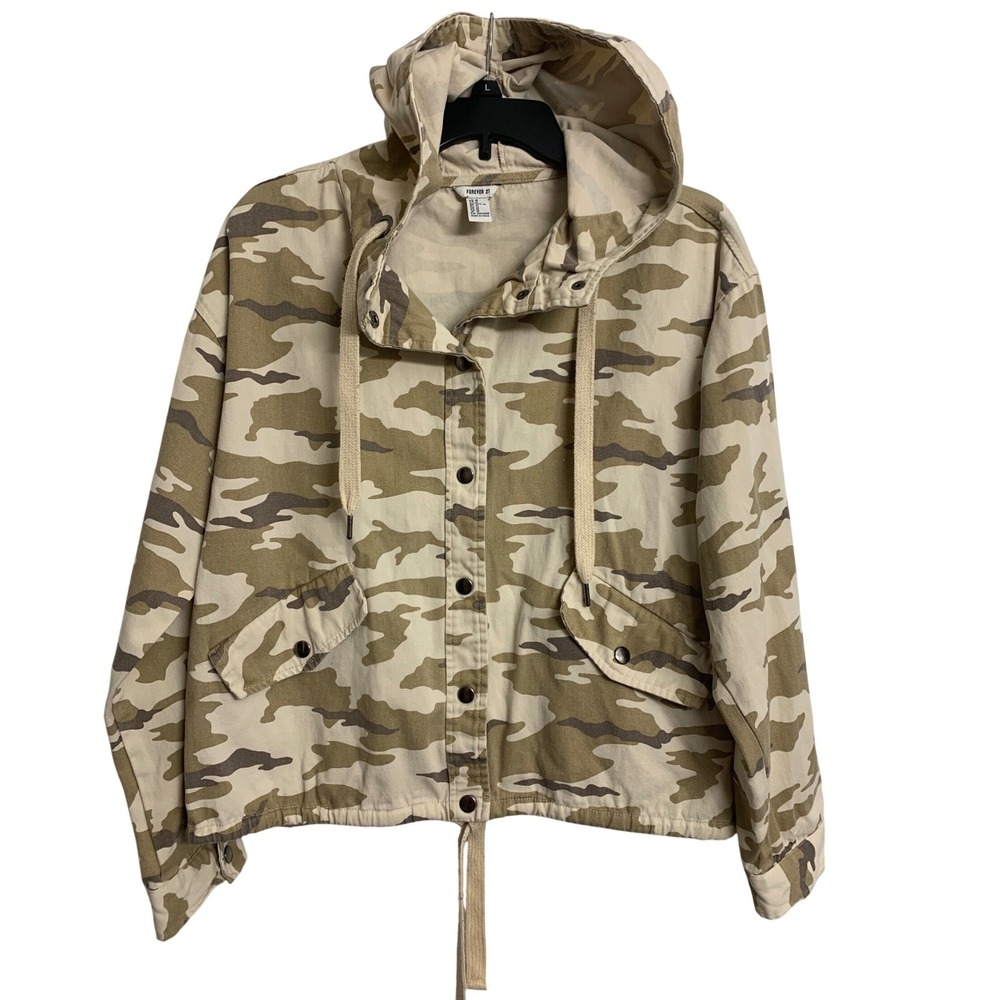 Forever 21 Cropped Y2K Desert Camo Hooded Utility Jacket Tan Brown Medium Cotton
